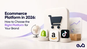Ecommerce platform selection in 2026 with Shopify, Amazon, TikTok Shop, analytics, shopping cart, and shipping icons