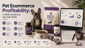 Pet ecommerce profitability dashboard showing contribution margin, net profit, repeat purchase rate, and channel revenue for a French bulldog pet brand