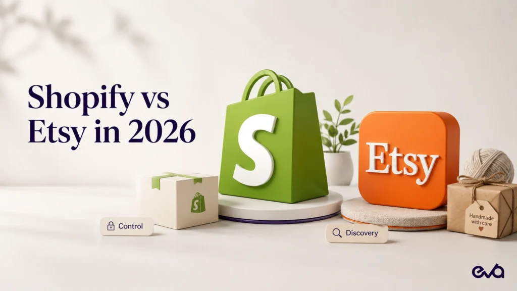 Shopify vs Etsy in 2026 comparison showing Shopify brand control and Etsy marketplace discovery for ecommerce sellers.