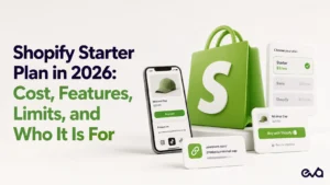 Shopify Starter Plan in 2026 with social selling, product links, checkout, and plan comparison visuals.