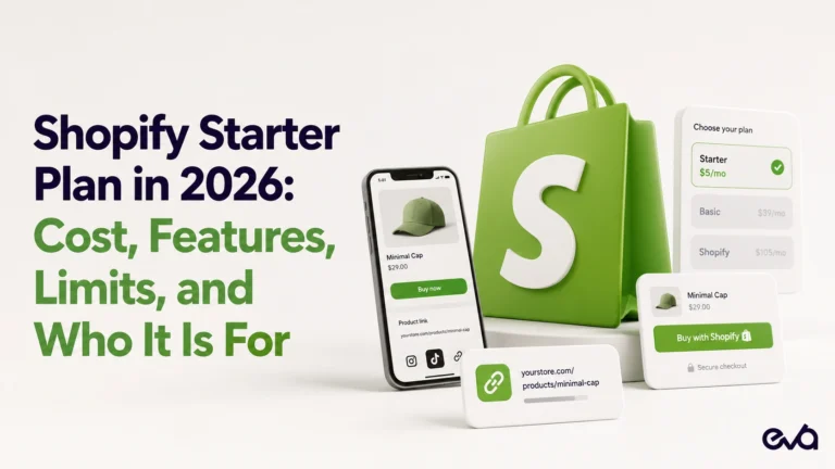 Shopify Starter Plan in 2026 with social selling, product links, checkout, and plan comparison visuals.