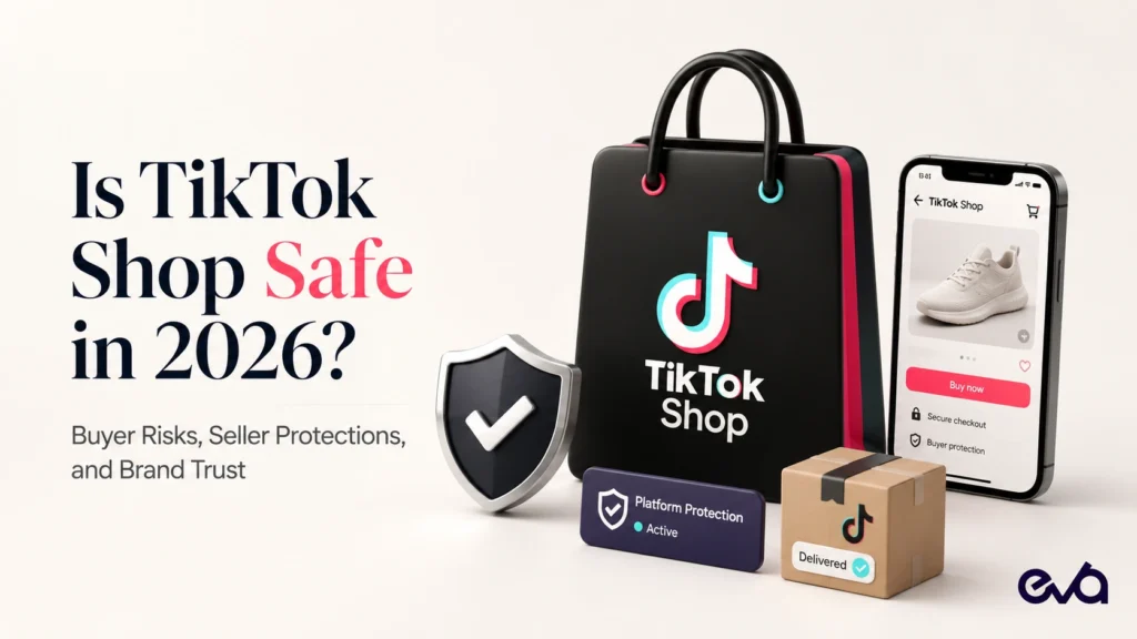 TikTok Shop safety illustration showing buyer protection, secure checkout, delivery tracking, and seller trust in 2026.