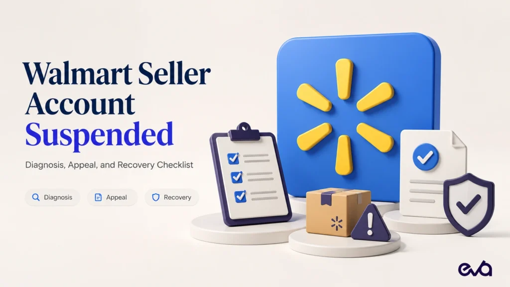 Walmart seller account suspension guide showing diagnosis, evidence review, appeal preparation, corrective actions, and recovery controls.