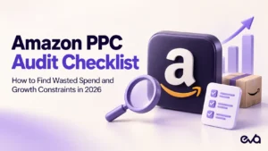 Amazon PPC audit checklist visual with Amazon branding, a magnifying glass, performance indicators, and advertising optimization elements.