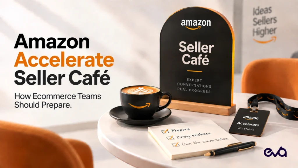Amazon Accelerate Seller Café preparation guide featuring an Amazon conference badge, Seller Café meeting materials, planning checklist, and Amazon marketplace branding.