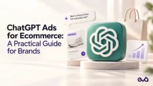 ChatGPT Ads for ecommerce illustrated with a sponsored product card, shopping bag, customer query, and performance chart.
