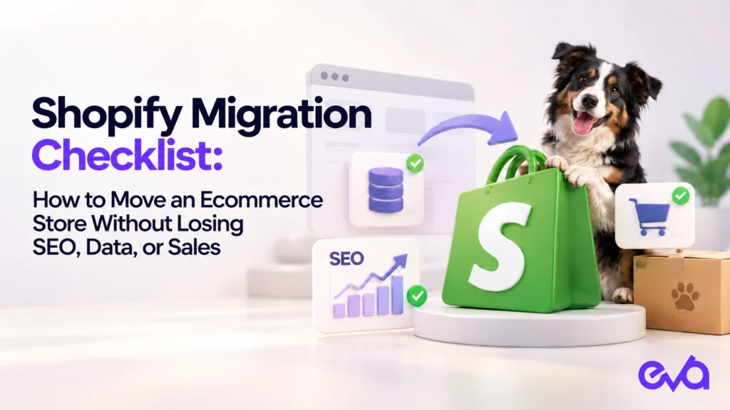 Shopify migration checklist illustration showing SEO, data, ecommerce sales, and store migration elements with Shopify and Eva branding