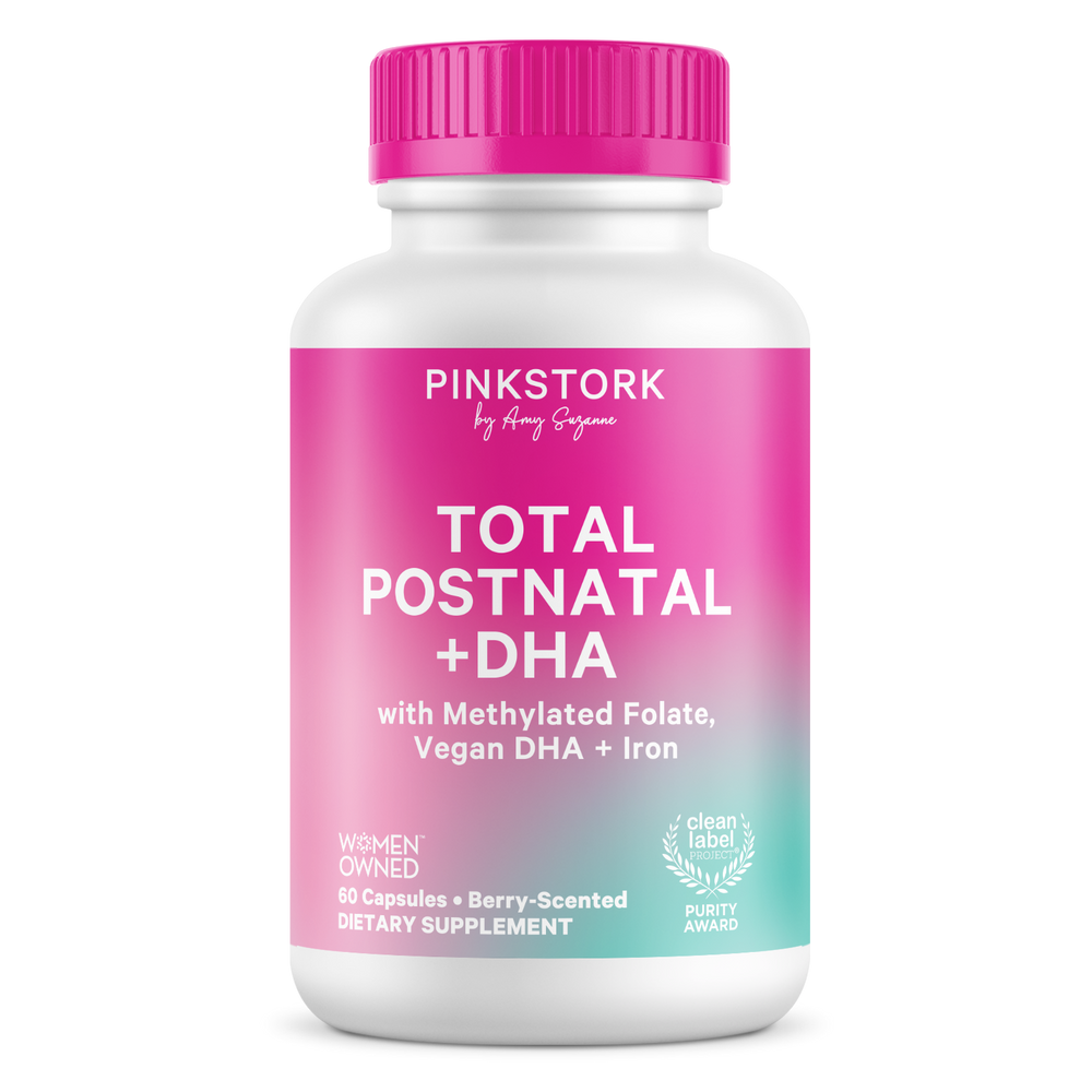 Pink Stork Total Postnatal plus DHA supplement bottle