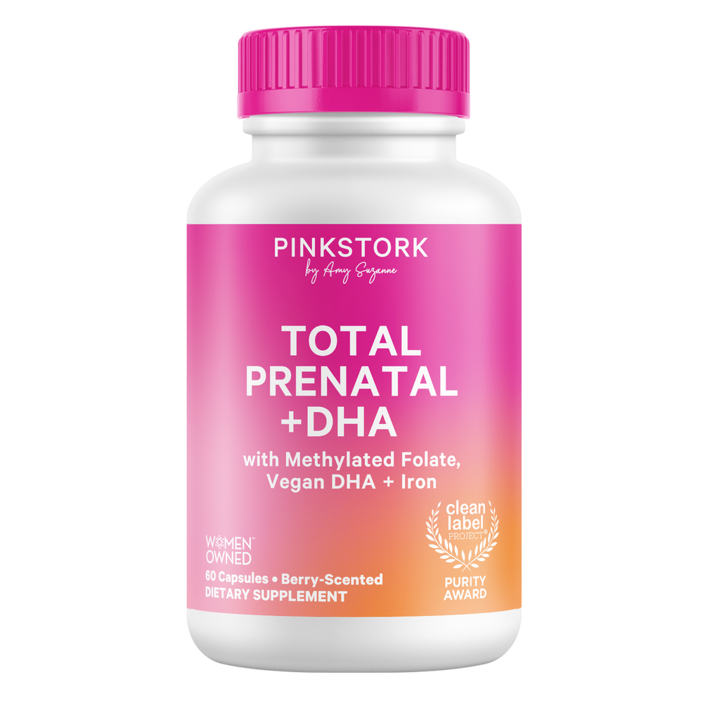 Pink Stork Total Prenatal plus DHA supplement bottle