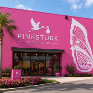 Pink Stork branded warehouse headquarters