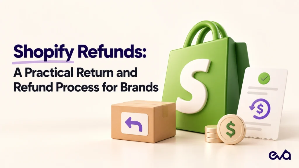 Shopify refunds illustrated with a return package, refund receipt, payment icon, and Shopify bag representing a clear ecommerce return and refund process.