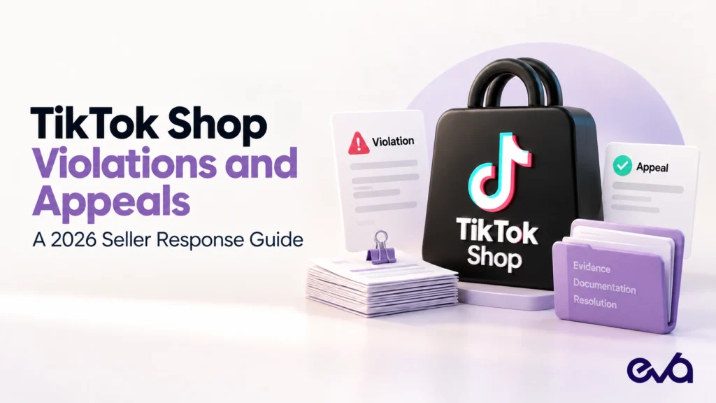 TikTok Shop violations and appeals guide with violation notice, appeal confirmation, evidence documents, and TikTok Shop visual