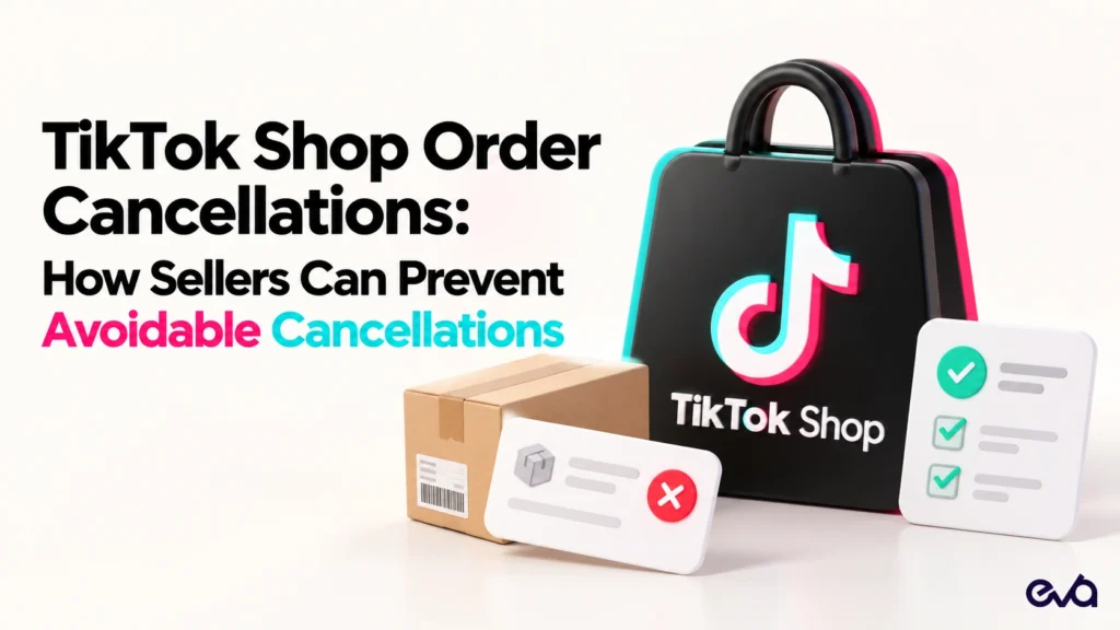 TikTok Shop order cancellations illustrated with a shopping bag, shipping box, cancellation card, and fulfillment checklist for preventing avoidable ecommerce order issues.