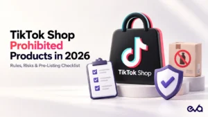 TikTok Shop prohibited products in 2026 with compliance checklist, approval shield, restricted product package, and TikTok Shop bag.