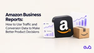 Amazon Business Reports illustration featuring traffic and conversion analytics, performance charts, and the Amazon logo for better product decisions.