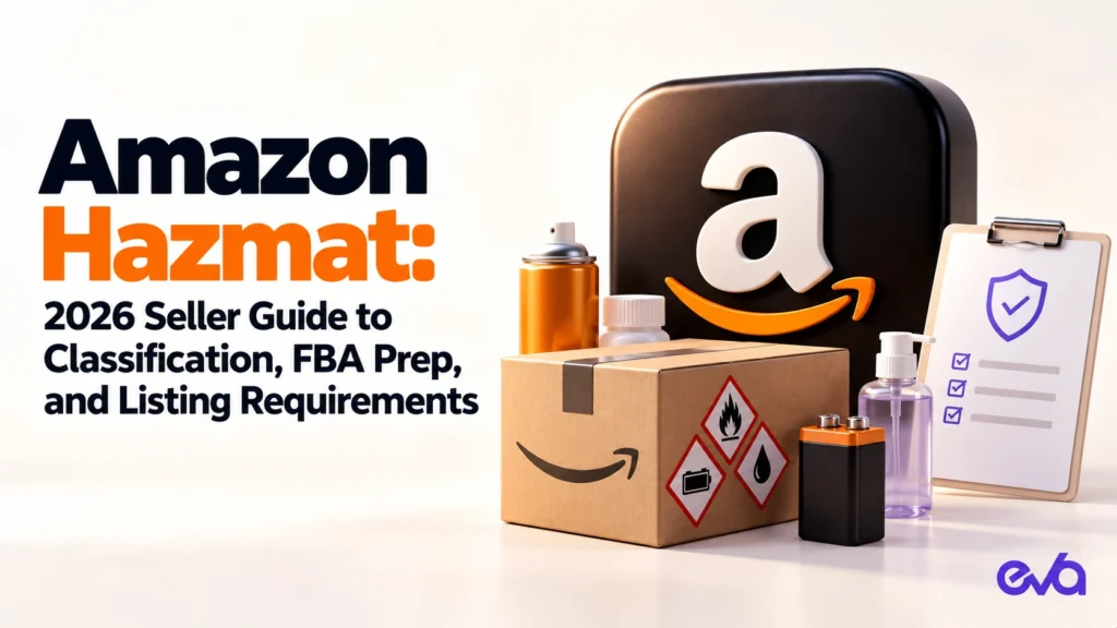 Amazon Hazmat 2026 seller guide featuring a 3D Amazon logo, hazardous goods shipping box, batteries, aerosol products, and FBA compliance checklist.