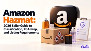 Amazon Hazmat 2026 seller guide featuring a 3D Amazon logo, hazardous goods shipping box, batteries, aerosol products, and FBA compliance checklist.