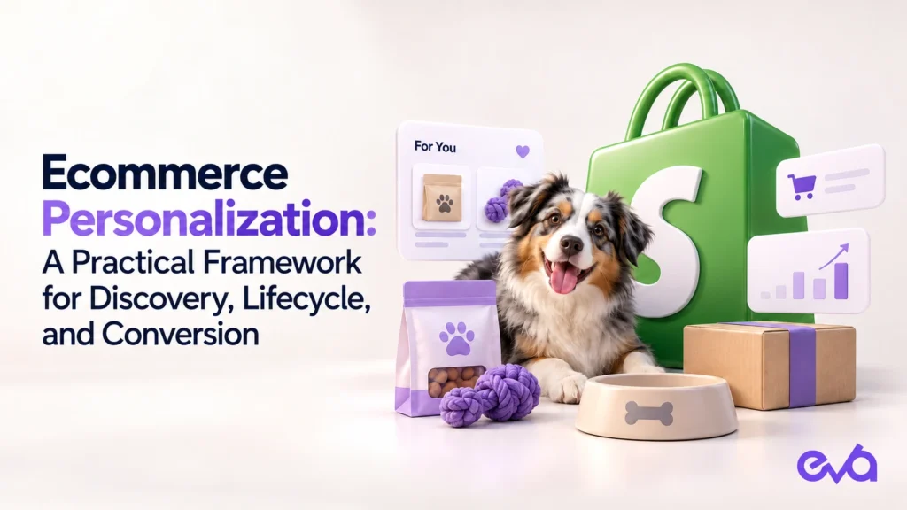 Ecommerce personalization illustration featuring a Shopify store, personalized product recommendations, pet products, and conversion analytics.
