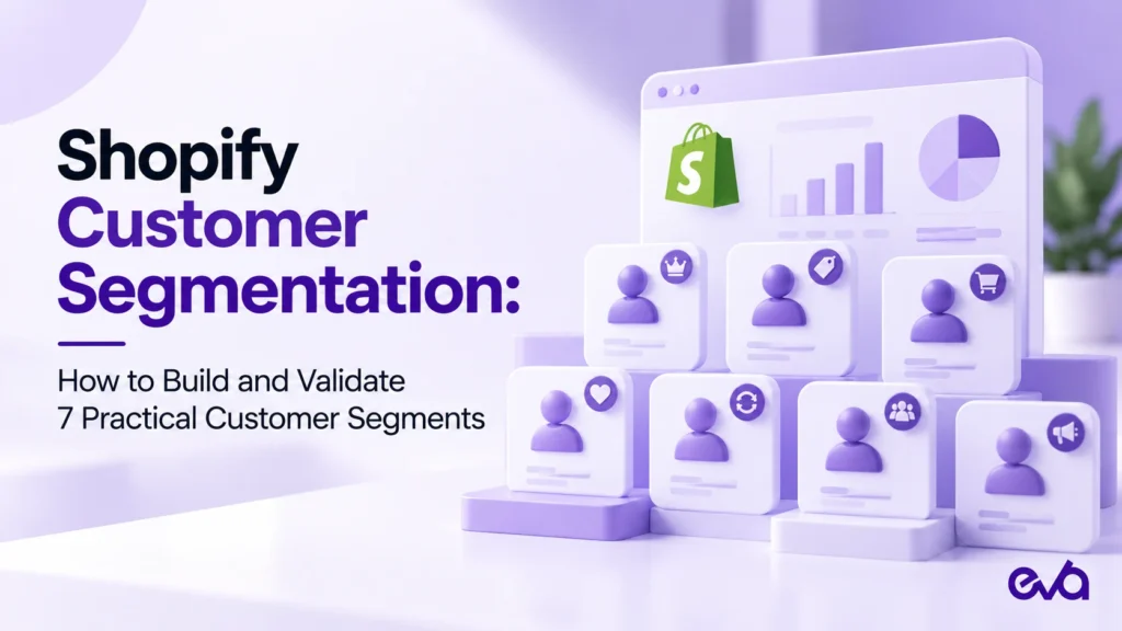 Shopify customer segmentation illustration showing seven customer groups and example analytics charts